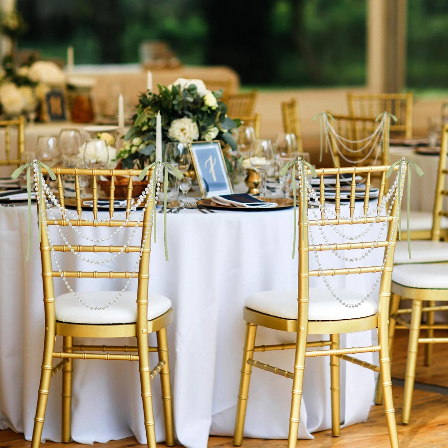 16 Pcs Wedding Pearl Bow Chair Decor Satin Ribbon Bows with Pearl Beaded String Garland Aisle Chair Sashes Decorations for Ceremony Coquette Party Banquet Decor (Sage Green)