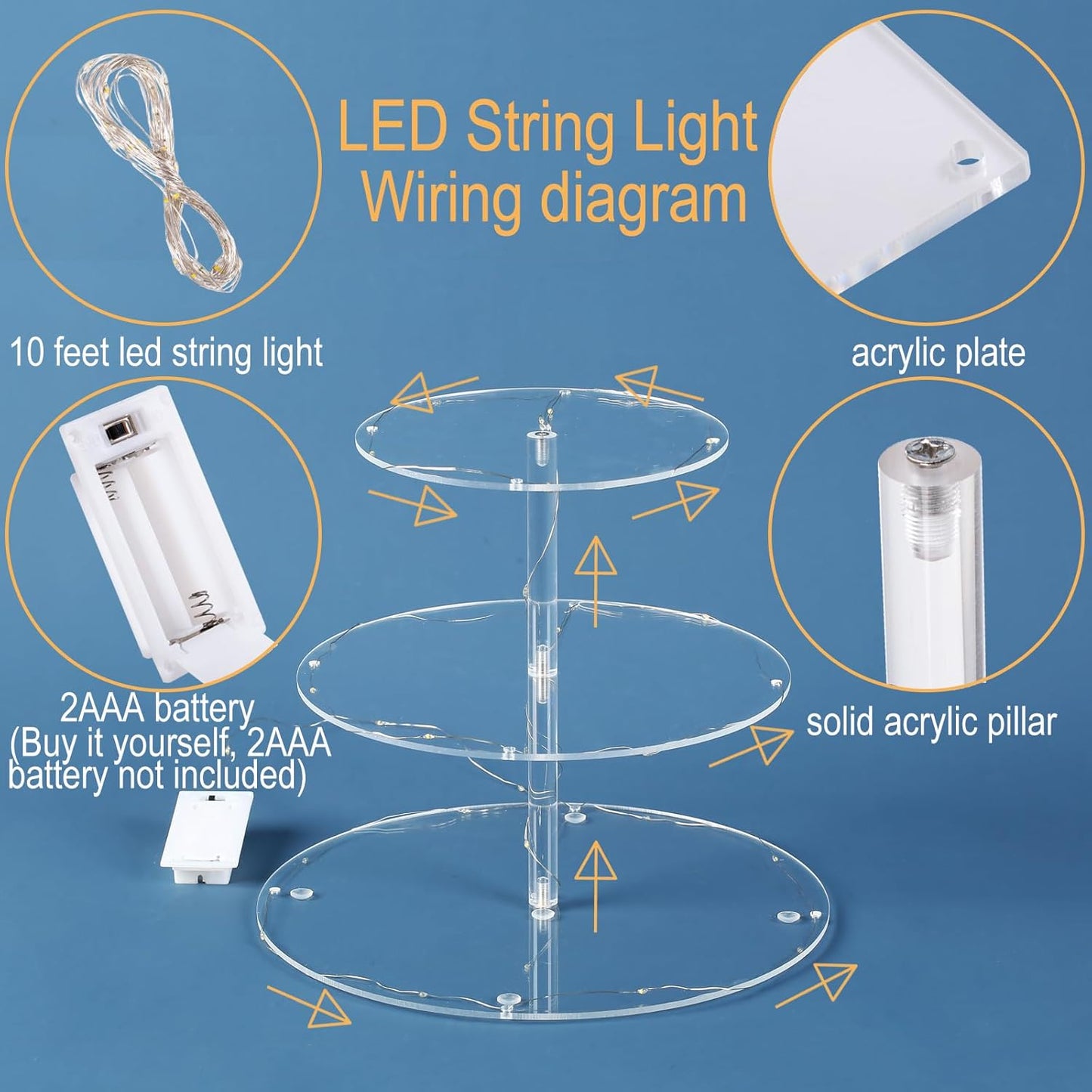 3 Tier Round Cupcake Stand Cupcake Holder, Acrylic Cupcake Tower with LED Yellow Light for 24 Cupcakes, Dessert Table Display Set for Birthday, Bar, Decor Weddings, Parties Events