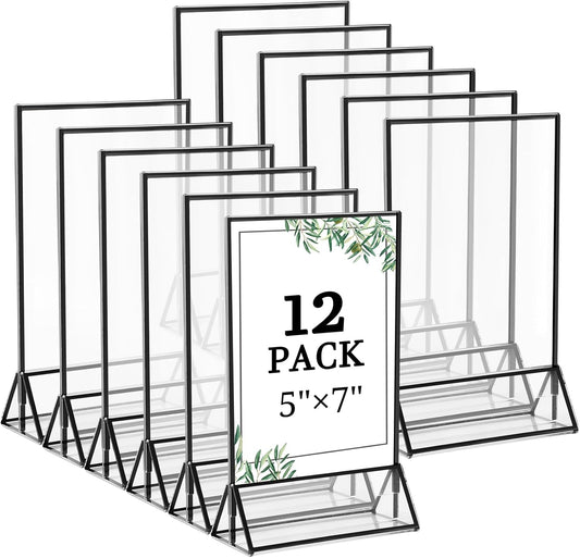 Floroom 12 Pack 5x7 Inch Clear Acrylic Sign Holders, Double-Sided Black Display Stand Picture Frames for Table Numbers, Menus, Flyers, Weddings, and Offices