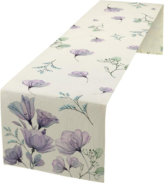 Poppy Flower Table Runner, Watercolor Purple Floral Leaves Seasonal Spring Summer Table Runner for Kitchen Dinning Table Runner Decor Home Wedding Party Holiday, 13x70 Inch