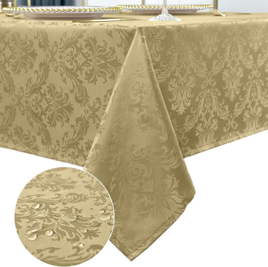 SASTYBALE Rectangle Jacquard Tablecloth - 60 x 120 Inch Spill Proof Wrinkle Resistant Damask Table Cloth, Soft Polyester Oblong Table Cover for Kitchen Parties Farmhouse, Gold