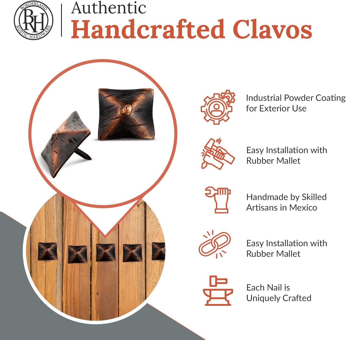 50 Pack 1.25" Square Head Iron Clavos Decorative Nails – Oil Rubbed Bronze – Handmade Rustic Square Fasteners for Farmhouse Shutters, Barn Doors, Shutters, Gates – Ornamental Wood Accent