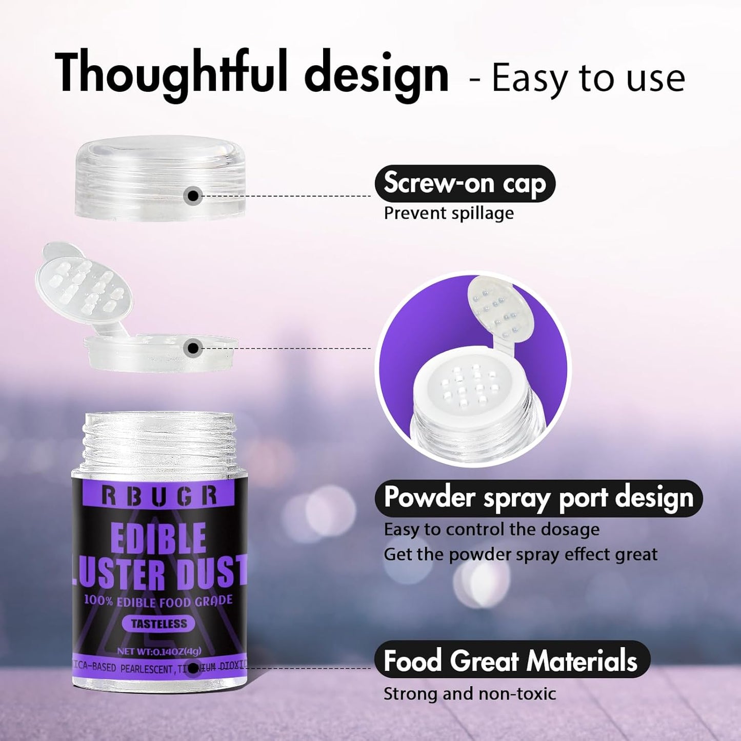 RBUGR Edible Glitter Set, 6 Colors Edible Luster Dust, Food Grade Drink Glitter Edible Dust, Sprinkles Cocktail Glitter, Shimmering Powder Glitter for Fondant, Candy, Vegan Cake Decorating（4g/0.14oz）