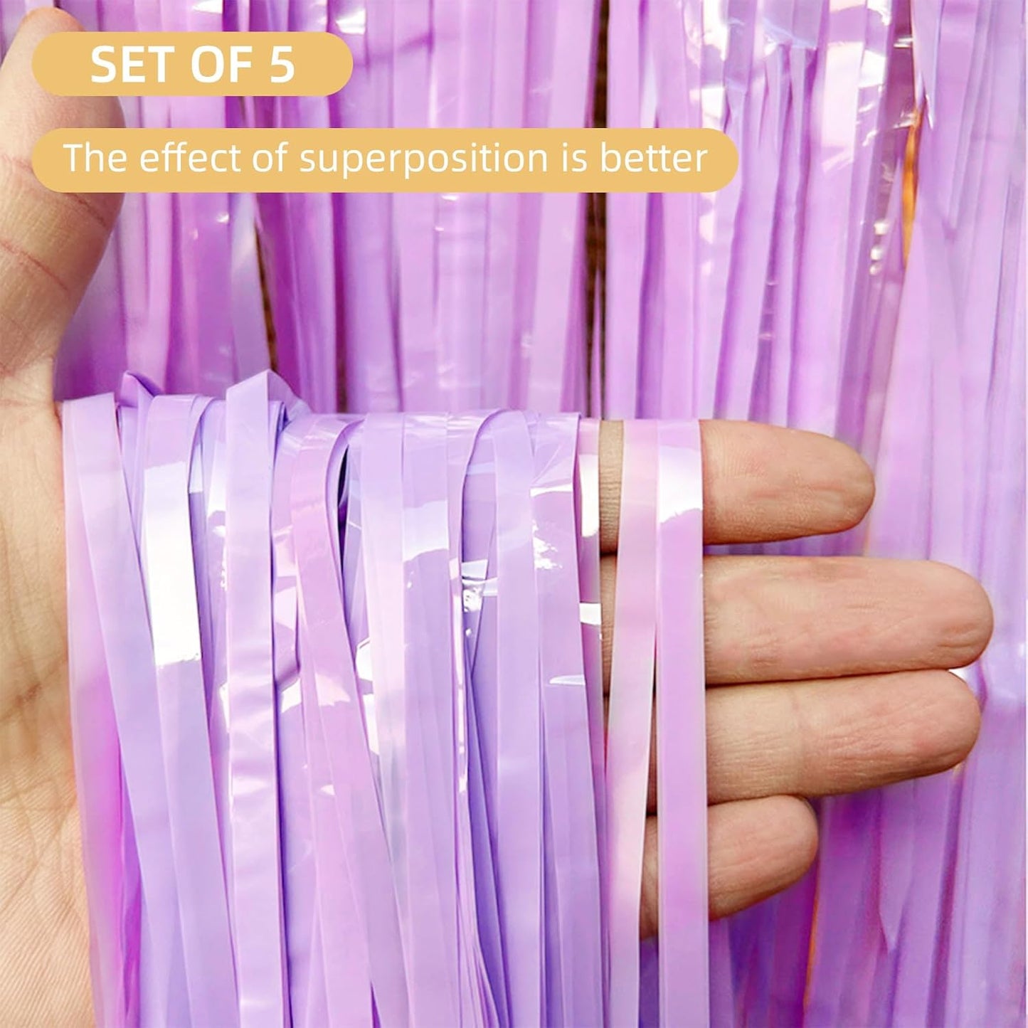 5 Pack Purple Foil Curtain Backdrop 3.2ft x 8.2ft Tinsel Foil Fringe Curtains Macaron Photo Booth Streamer Backdrop for Party Decorations Birthday Baby Shower Bachelorette Holiday (Pastel Purple)