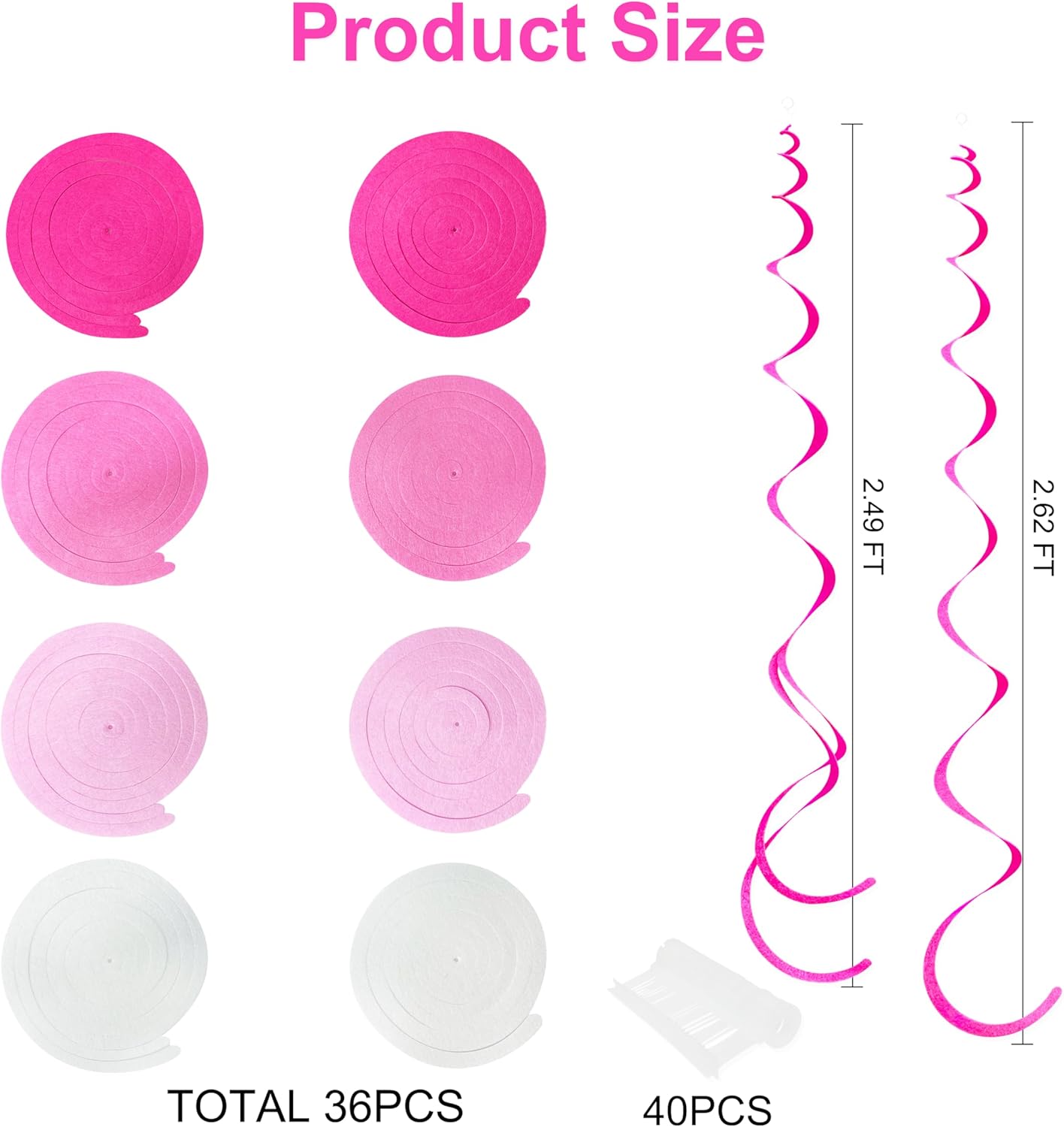 36 Pcs Hot Pink Hanging Swirl Decorations Ombre Pink White Felt Swirl Streamer Spiral Ceiling Decoration Garland for Birthday Bachelorette Wedding Bridal Shower Engagement Pink Girl Hen Party Supplies