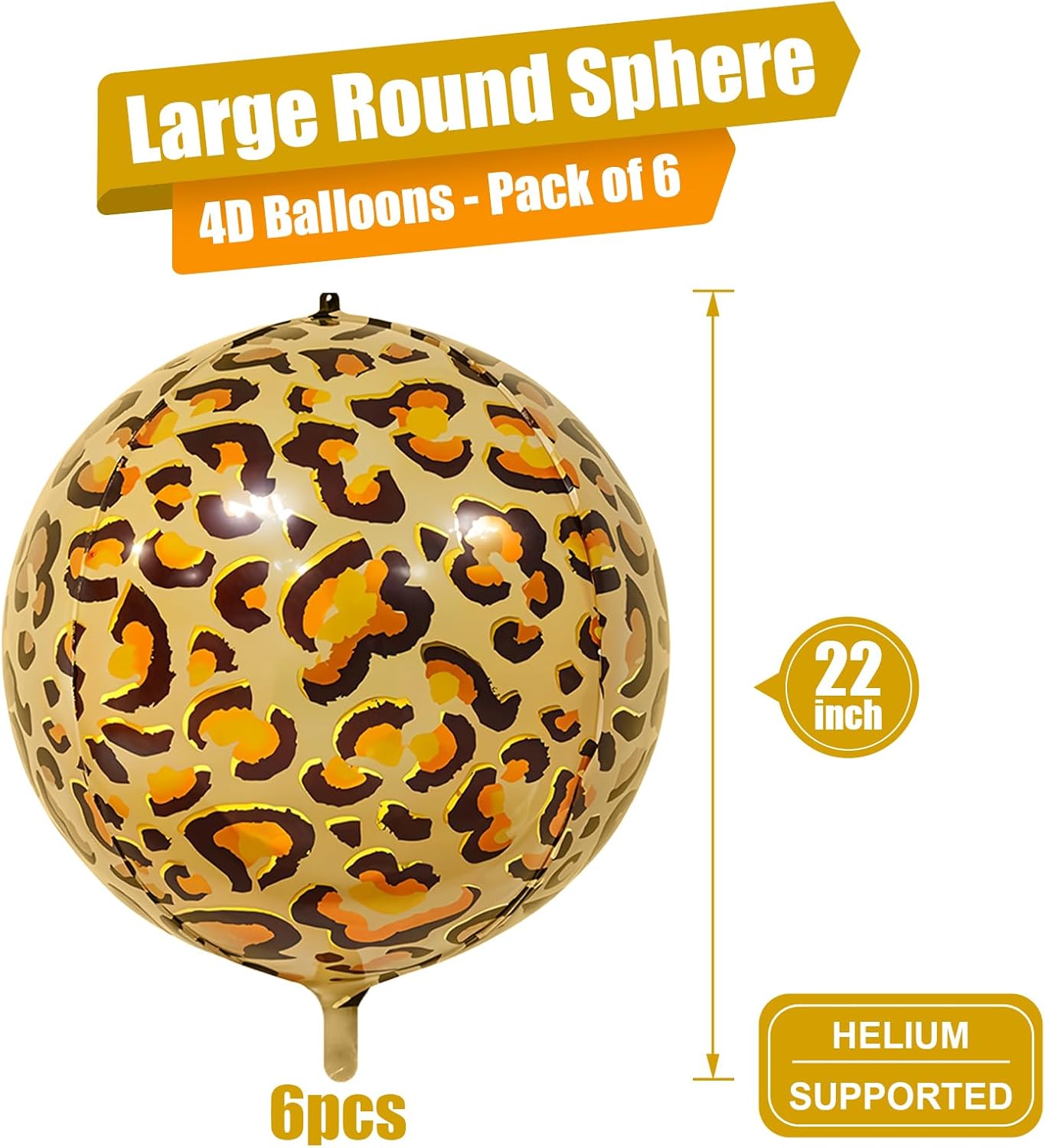 6Pcs Gold Cheetah Print Foil Balloons, 22inch 4D Leopard Theme Balloons, Large Round Ball Animal Foil Balloon for Cheetah Zoo Themed Wild Jungle Birthday Party Backdrop Decorations