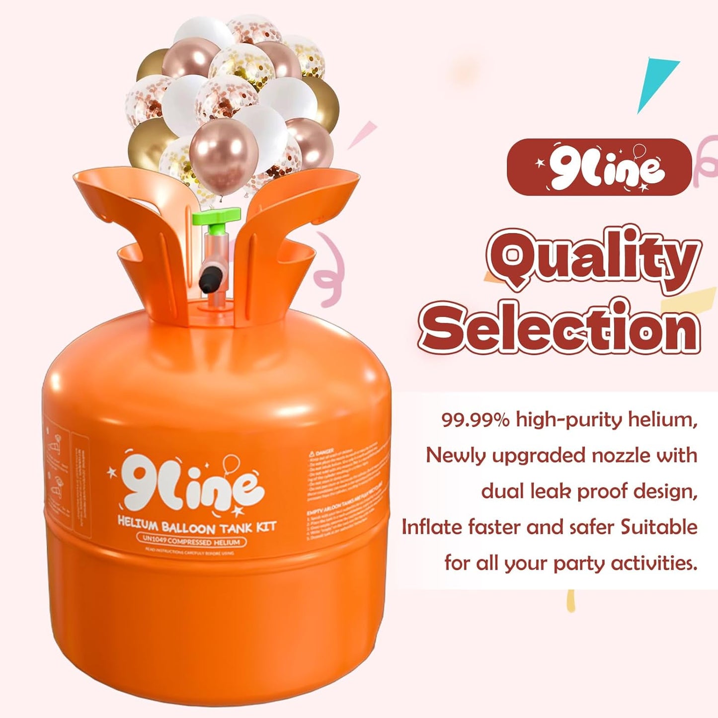 9Line 13L Helium Tank Up To 50 Latex Balloons,Helium Tank For Balloons At Home,50 12-Inch Rose&Gold Latex Balloons, 15 Foil Balloons, 1 5.9X3.6Ft Backdrop, 8 Accessory Tools