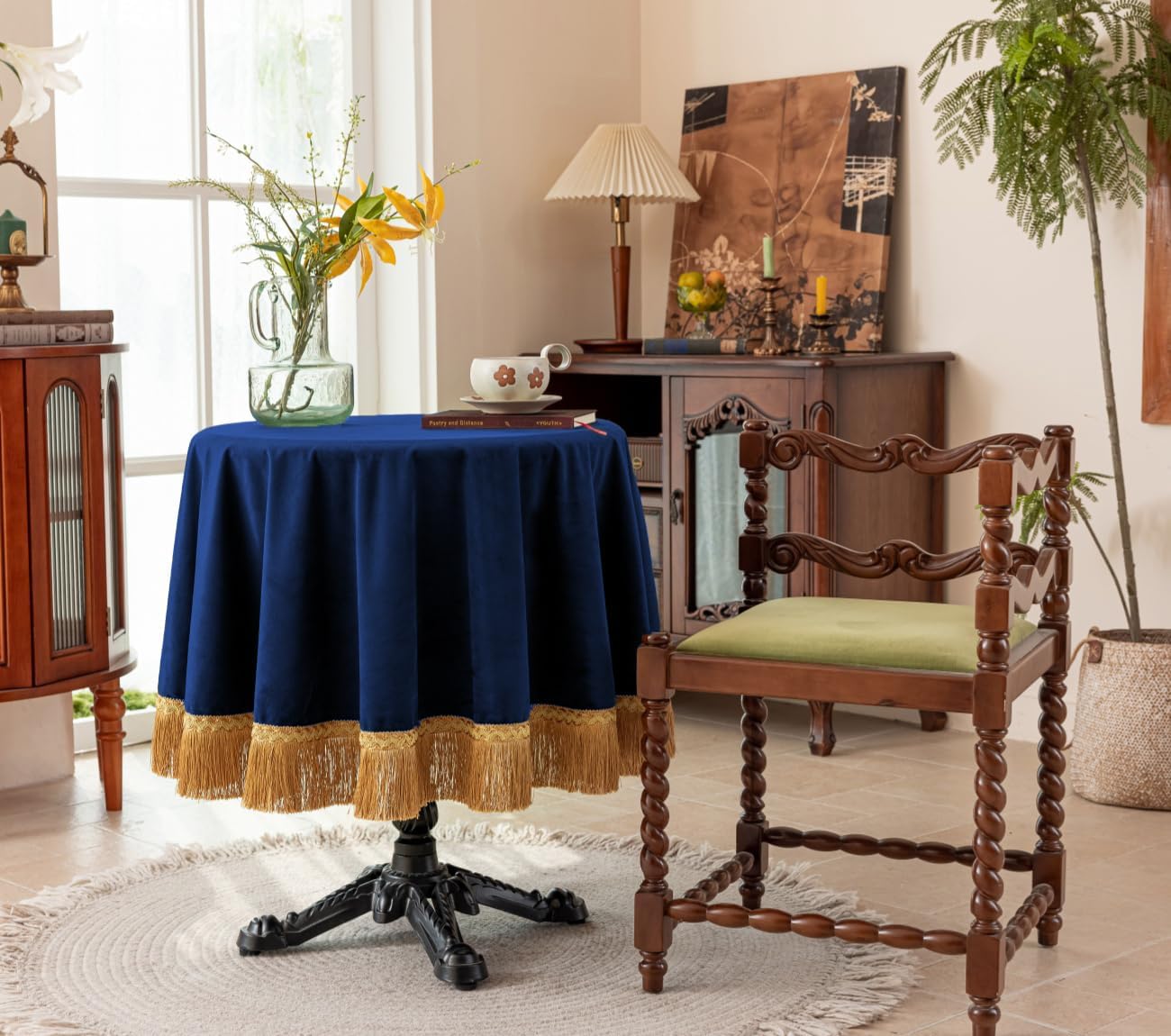 F-CHU Blue Tablecloth Thickset Velvet Tablecloth with Beautiful Gold Tassels Vintage Table Cloth for Home Decor Wedding, Party, Banquet and Events 60" Round