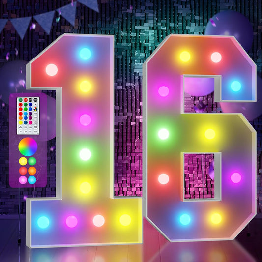 Marquee Numbers Colorful 16th-Birthday Decoration: 4FT Large Light Up Sweet 16 Year Old Birthday Decorations Anniversary Backdrop for Boys Girls Cardboard Sign 18 Colors Number 16 Mosaic Balloon Frame