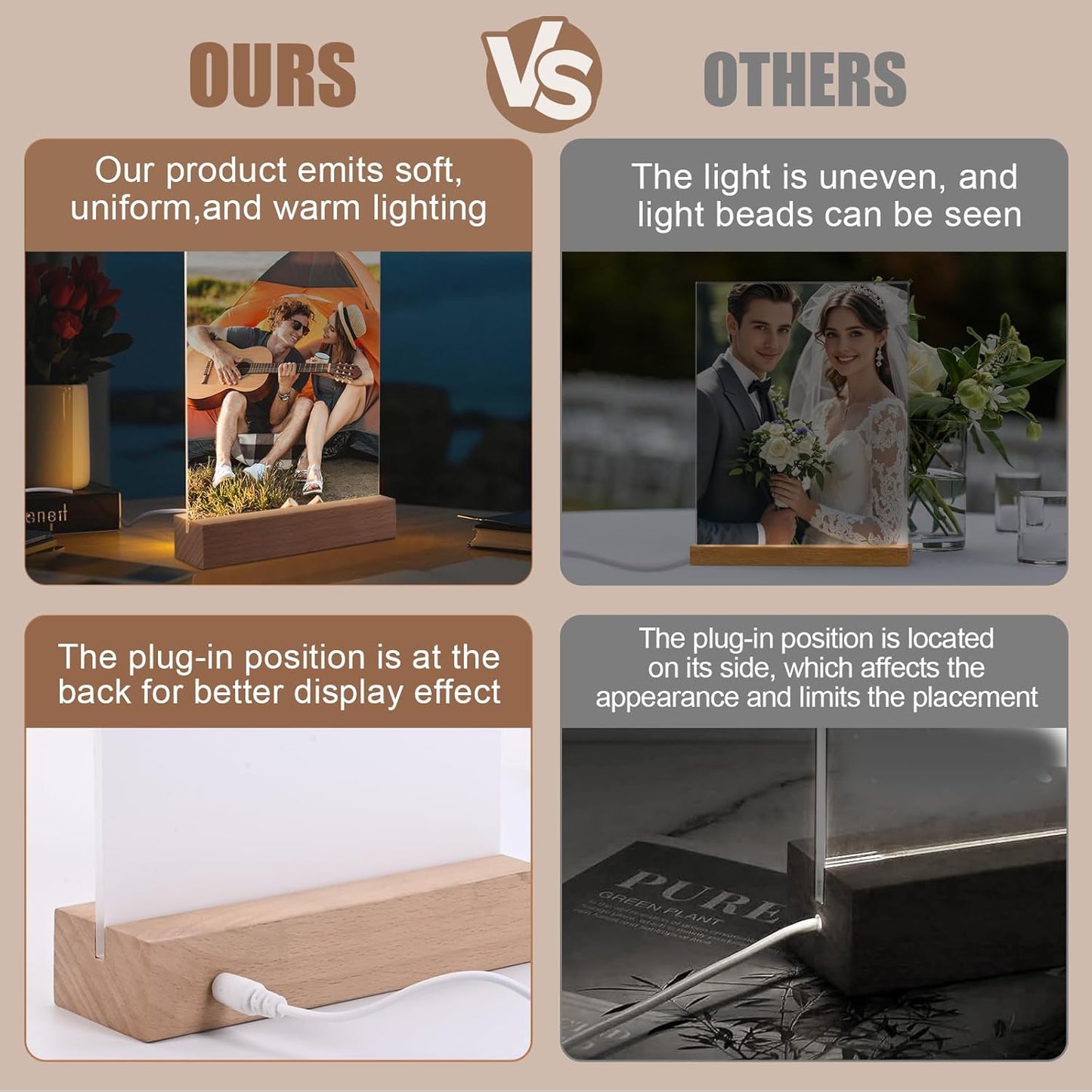 6" x 8"- 6 pcs Acrylic 4 pcs Frame Sublimation LED Acrylic Photo Frames Night Lights Blanks Heart Shape,with Warm Color Light with Wood Stand for Heat Press Machine Printing