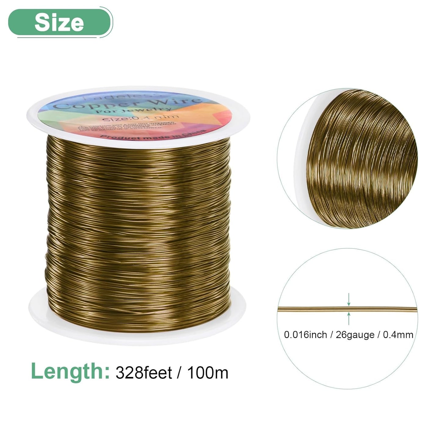 0.4mm Jewelry Wire, 26 Gauge 328FT Craft Wire Copper Beading Wire for Jewelry Making/Planting/Weaving/DIY Crafting, Soft Metal Wires [100M, Bronze Tone]