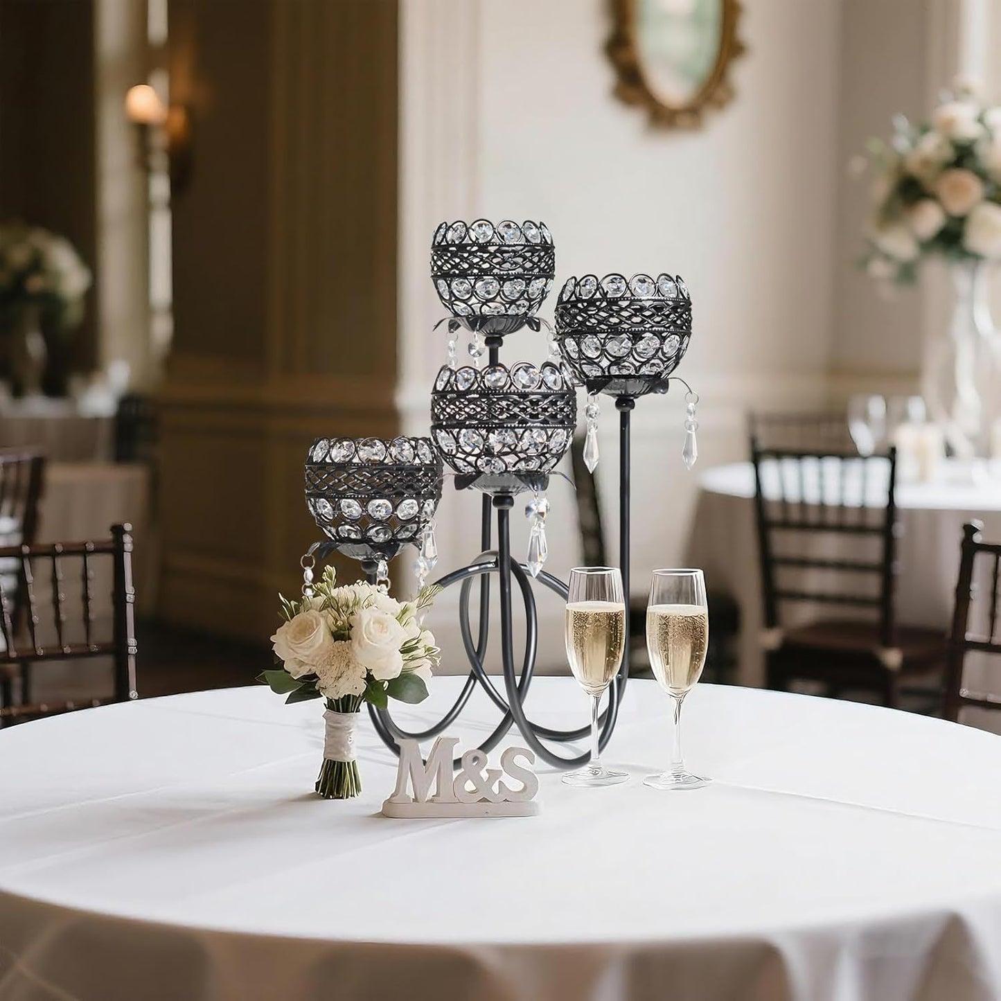 4 Arms Crystal Candelabra Tealight Holder - Tall 15.7 Inch Elegant Centerpiece with Crystal Pendant Bowls & Artistic Metal Stand for Wedding, Dining Table, Home Decor (4, Black)