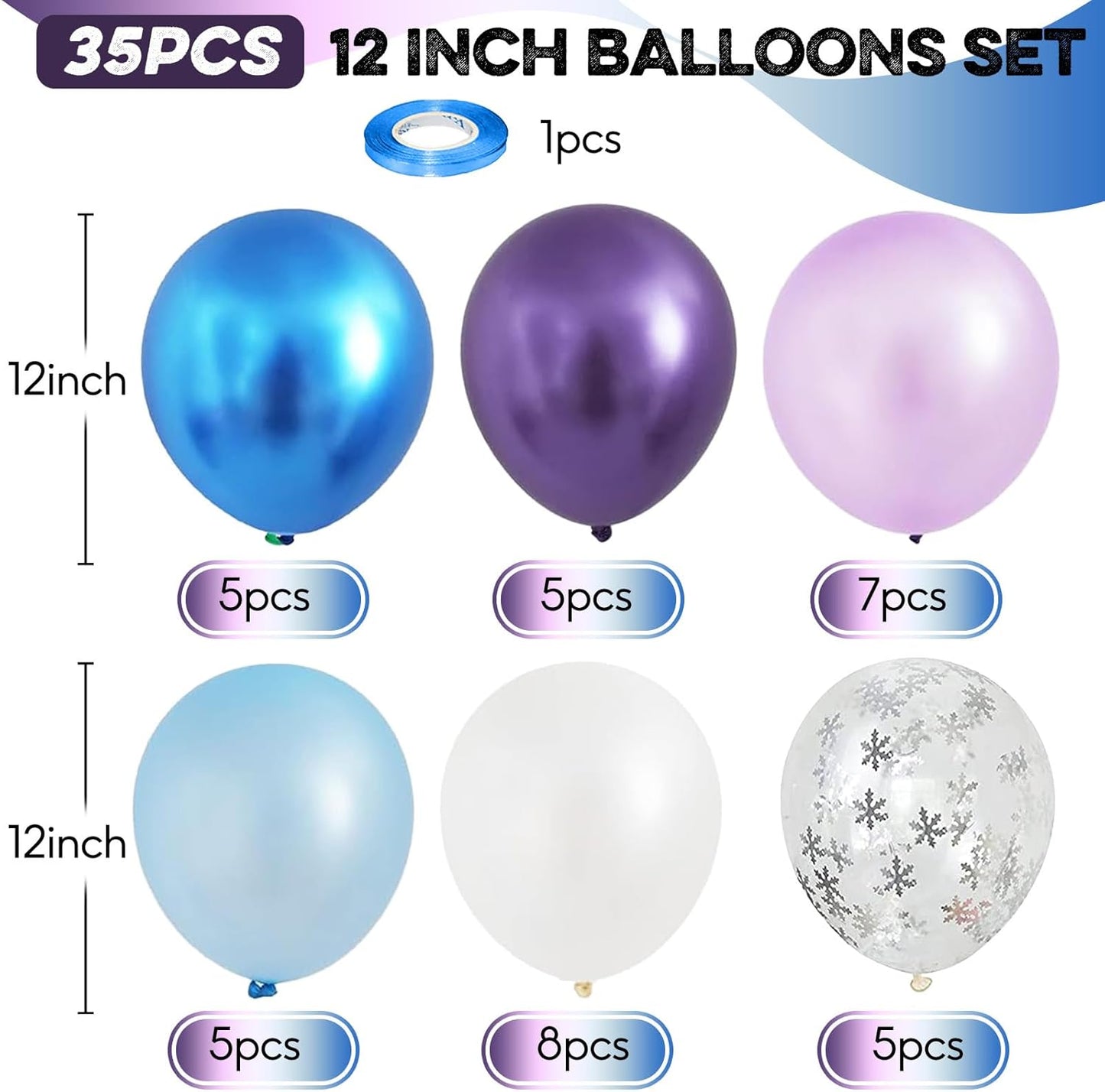 Blue Purple Snowflake Balloons Set, 12 Inch Metallic Blue Purple Balloon Snowflake Confetti Latex Balloons Metallic Silver Girls Birthday Party Decoration for Children Winter Birthday Party Supplies