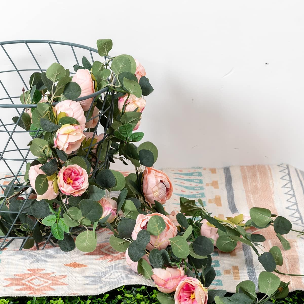 Floweroyal 2 Pack Artificial Flower Garlands 11.2FT Eucalyptus Garlands with Flowers 8 Head Peony Flower Vine Faux Floral Garland for Wedding Arch Table Wall Backdrop Wreath Decoration. (Vintage Pink)