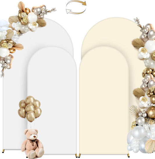 HEMMOTOP White and Light Beige Arch Backdrop Cover 7.2 ft, 6ft, Wedding Arch Covers Stretchy Backdrop 2 Set, Double Color Spandex Arched Background for Birthday Party, Baby Shower