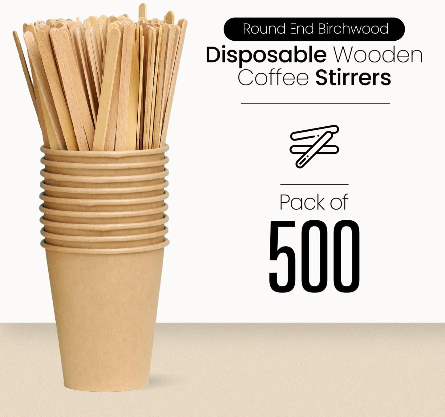 Coffee Stirrers Disposable Wooden Coffee Stir Sticks - Round-End Birchwood 5.5 Inches Large Wooden Stir Sticks - Pack of 500 Wood Stir Sticks, Coffee Sticks, Stirrers