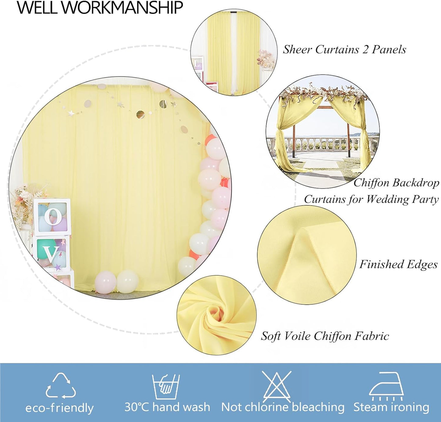 DUOBAO Yellow Chiffon Backdrop Curtain-2 Panels 58x120-Inch Wedding Backdrops Drape Yellow Curtains for Bedroom Voile Window Drapes Photography Background for Party Ceremony