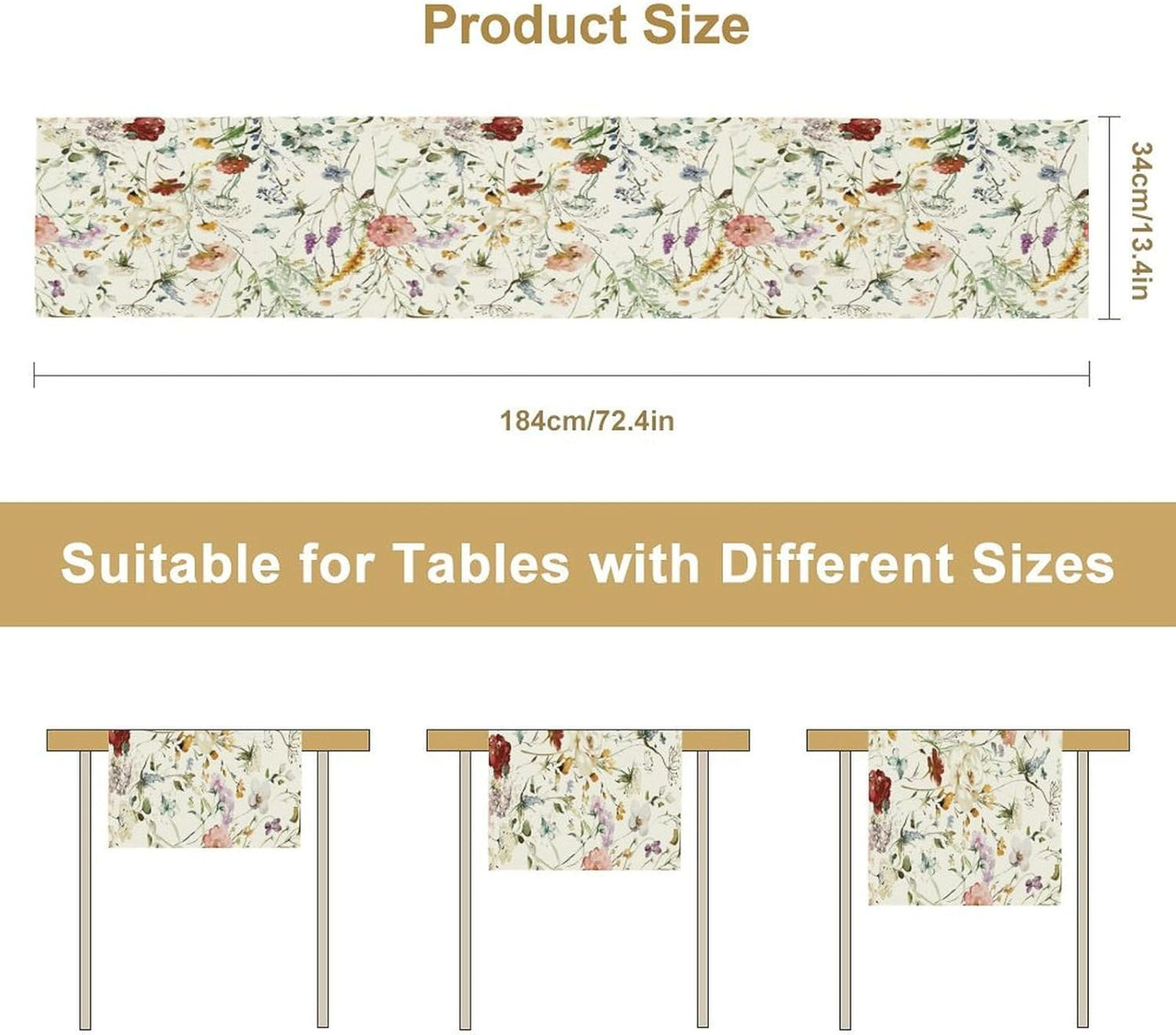 Floral Butterfly Table Runner,Rustic Colorful Flower Botanical Watercolor Pattern Print Burlap for Hotel Indoors Outdoor Dining Room Kitchen Holiday Party, 13x36in