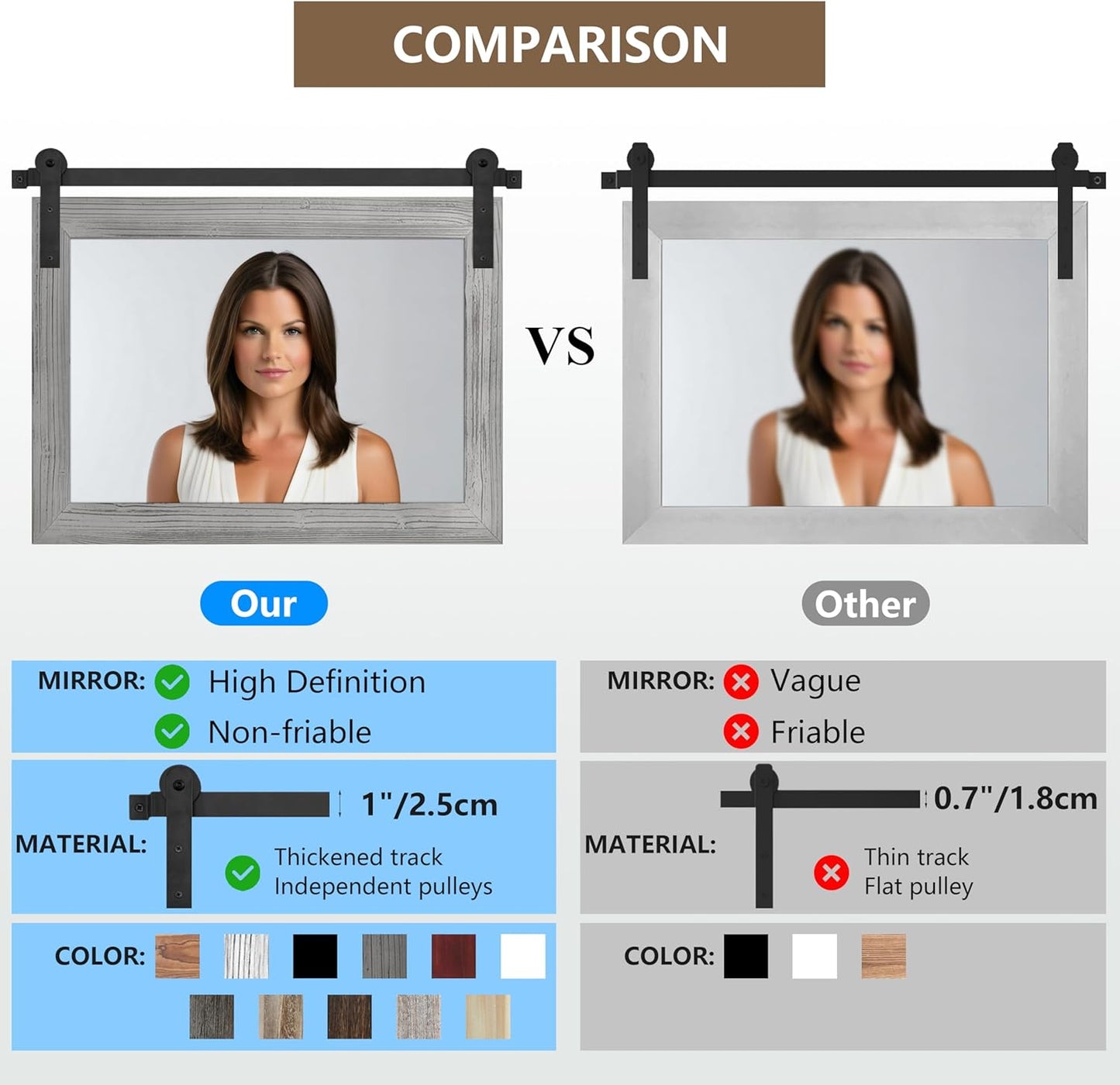 COGOOD Farmhouse Bathroom Mirror - 45 x 30 Rustic Wood Framed Wall Barn Door Mirror for Entryway, Living Room, Entryway Wall Decor (Grey)