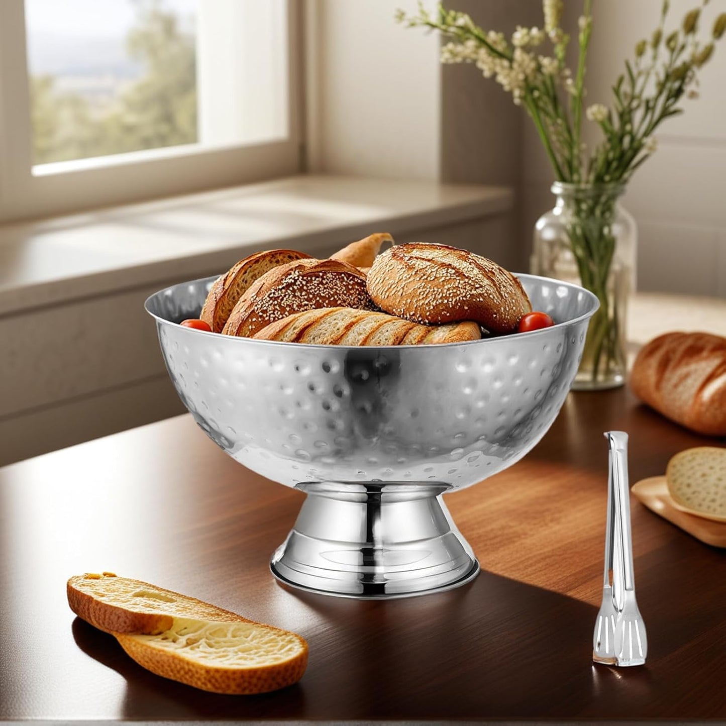 12L Hammered Large Ice Bucket for Parties - 16"x16"x10" Huge Punch Bowl with Ladle - Stainless Steel Bucket for Cocktail Bar - Lightweight Champagne Bucket with Scoop