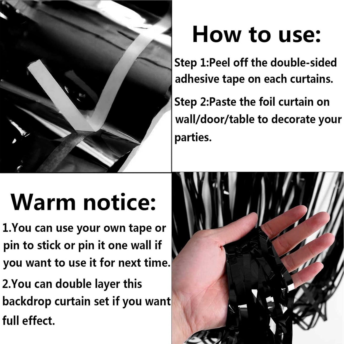 4 Pack Black Foil Fringe Curtain Backdrop, 3.28Ft x 8.2Ft Metallic Tinsel Streamers Curtains for Party, Photo Booth Props, Birthday, 2022 Mother's Day Decor Supplies, One Size