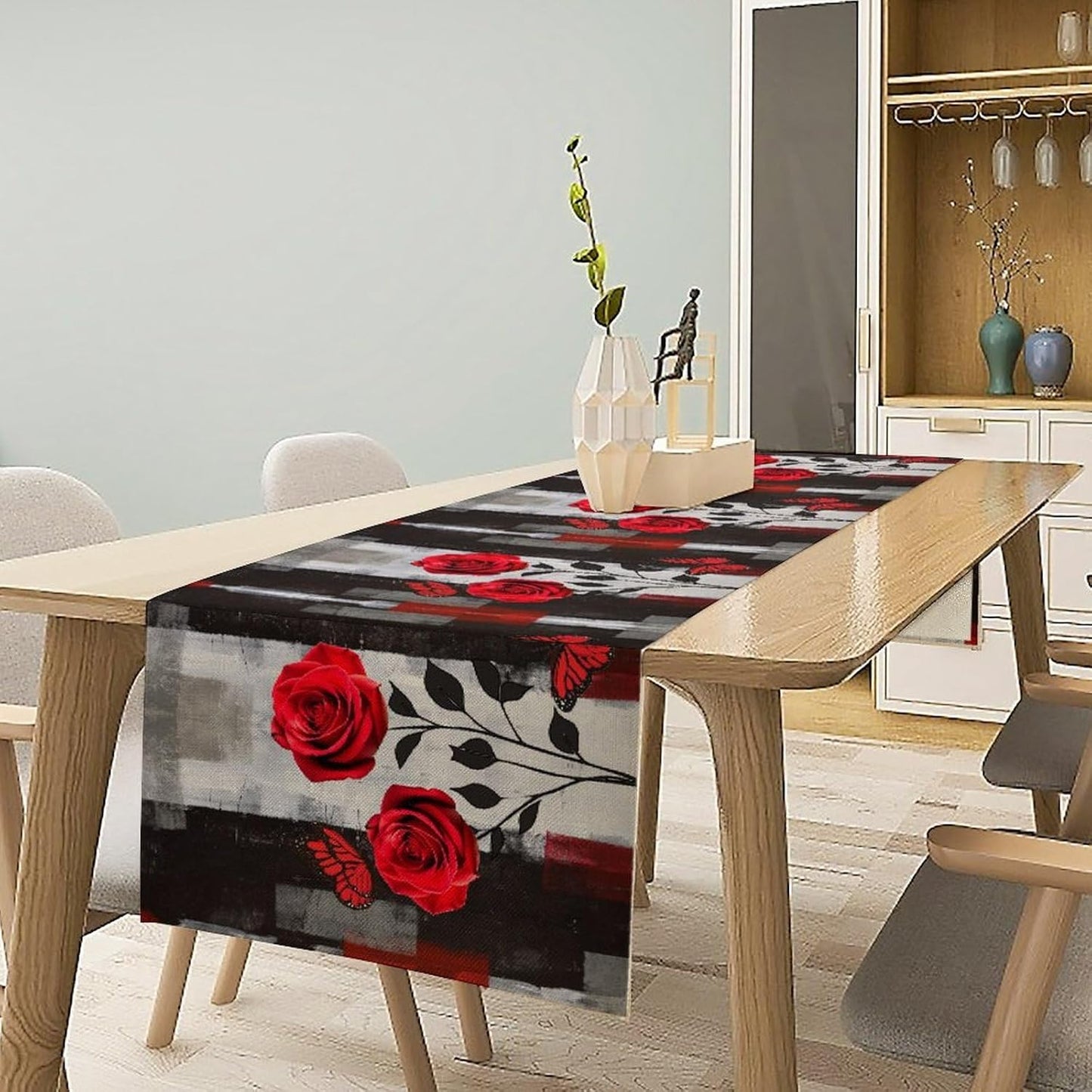 Abstract Art Rose Table Runner, Red Roses Floral Butterfly Black Red Grey Ink Background Pattern Kitchen Dinning Table Runner for Indoor Outdoor Home Wedding Party Holiday, 13x120 Inch