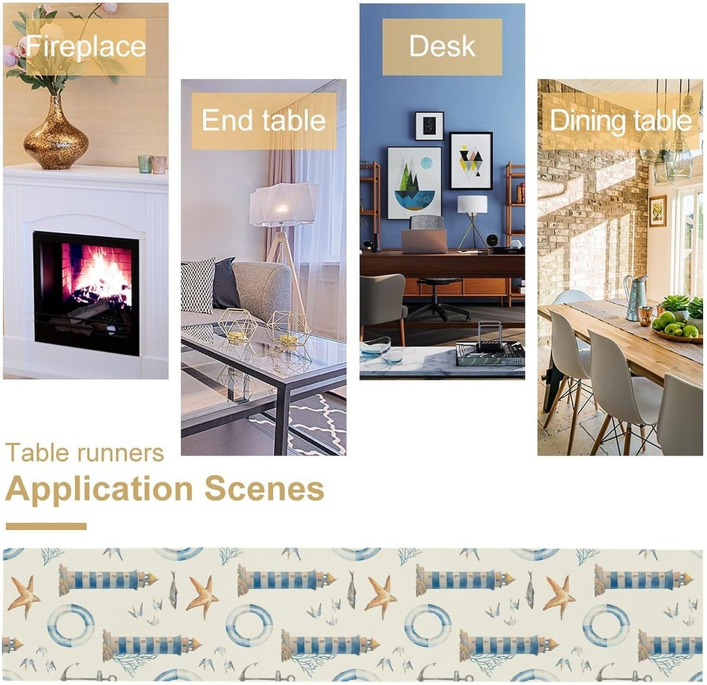 Blue Beach Table Runner, Tropical Ocean Coast Table Runner, Seashell Seasonal Nautical Restaurant Coffee Table Decorations for Home Holiday Party Indoor Outdoor 13x60 Inch