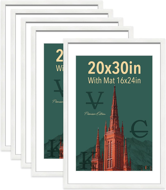 VCK 20x30 Poster Frame White - 5 Pack, Solid Wood Picture Frame | Matted to 16x24 or 20x30 without Mat | Textured Exclusive | Wall Mounting Hanging