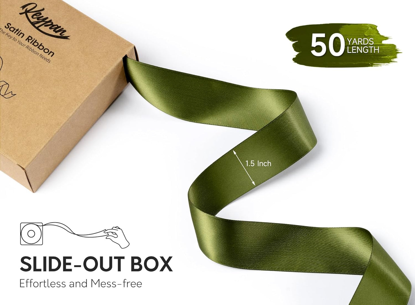 Green Satin Ribbon 1-1/2 Inch x 50 Yards Double-Faced for Gift Wrapping Crafts Flower Bouquet Invitations Holiday Decorating