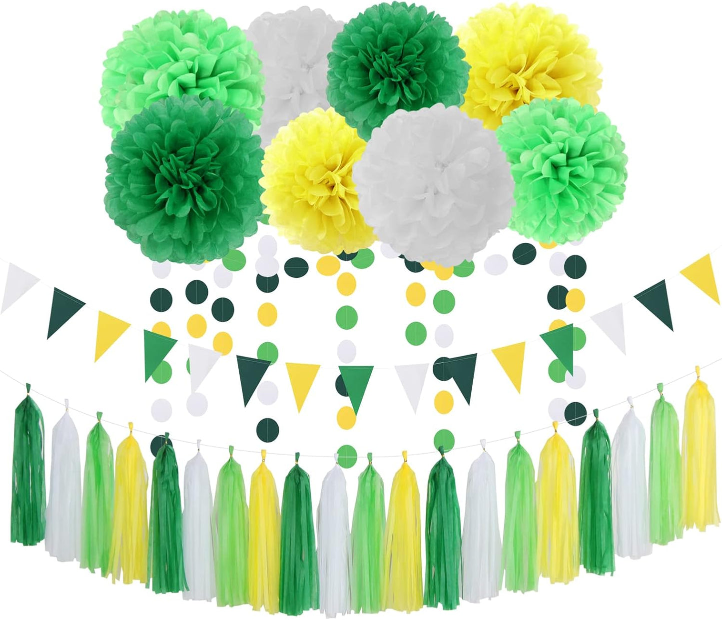 Yellow Green White Party Decorations - 30pcs Tissue Pom Poms Streamers,Spring Summer Wedding Engagement Tassel Garland Banner,Graduation Birthday Baby Bridal Shower Decor Ouruola