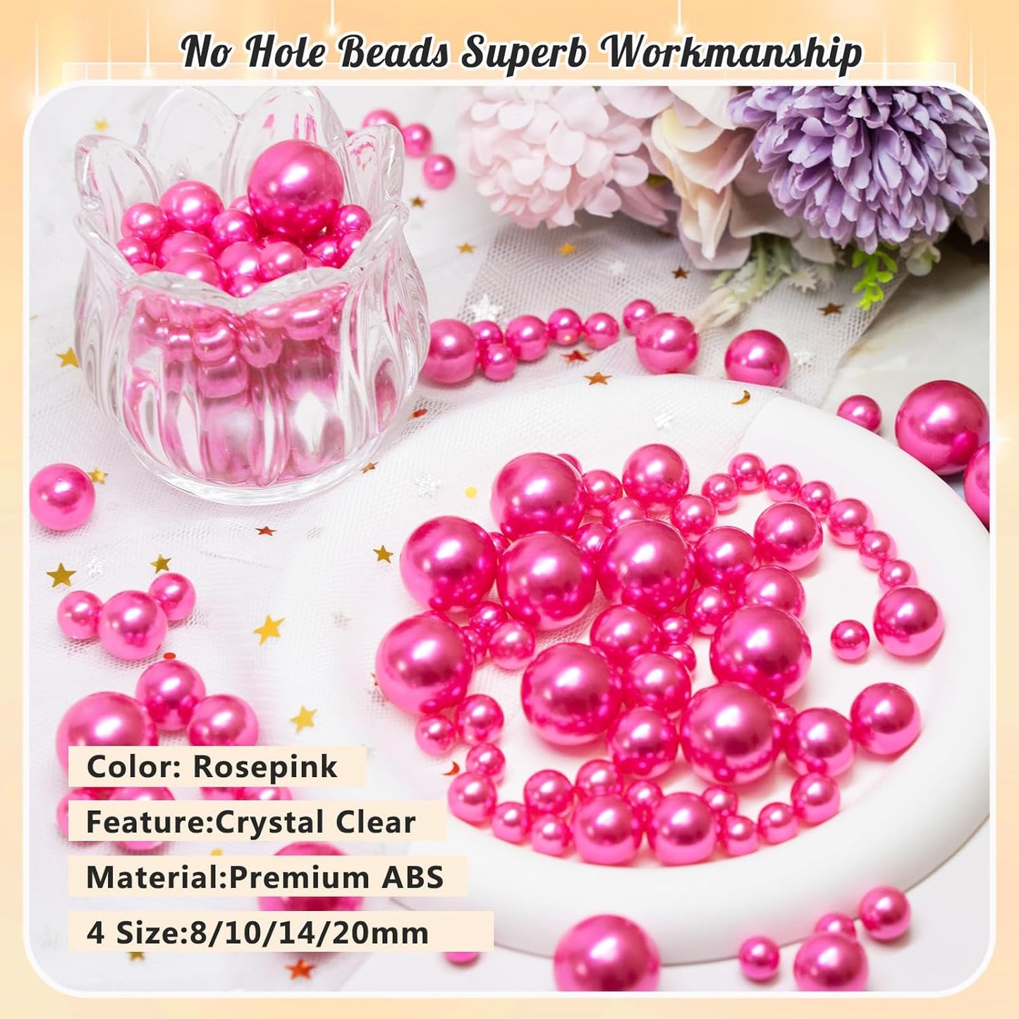 300Pcs Pearl Vase Filler, Rosepink No Hole Faux Pearl Beads for Centerpieces Vases, Candle Centerpieces, Wedding Birthday Party Home Decor 8/10/14/20mm