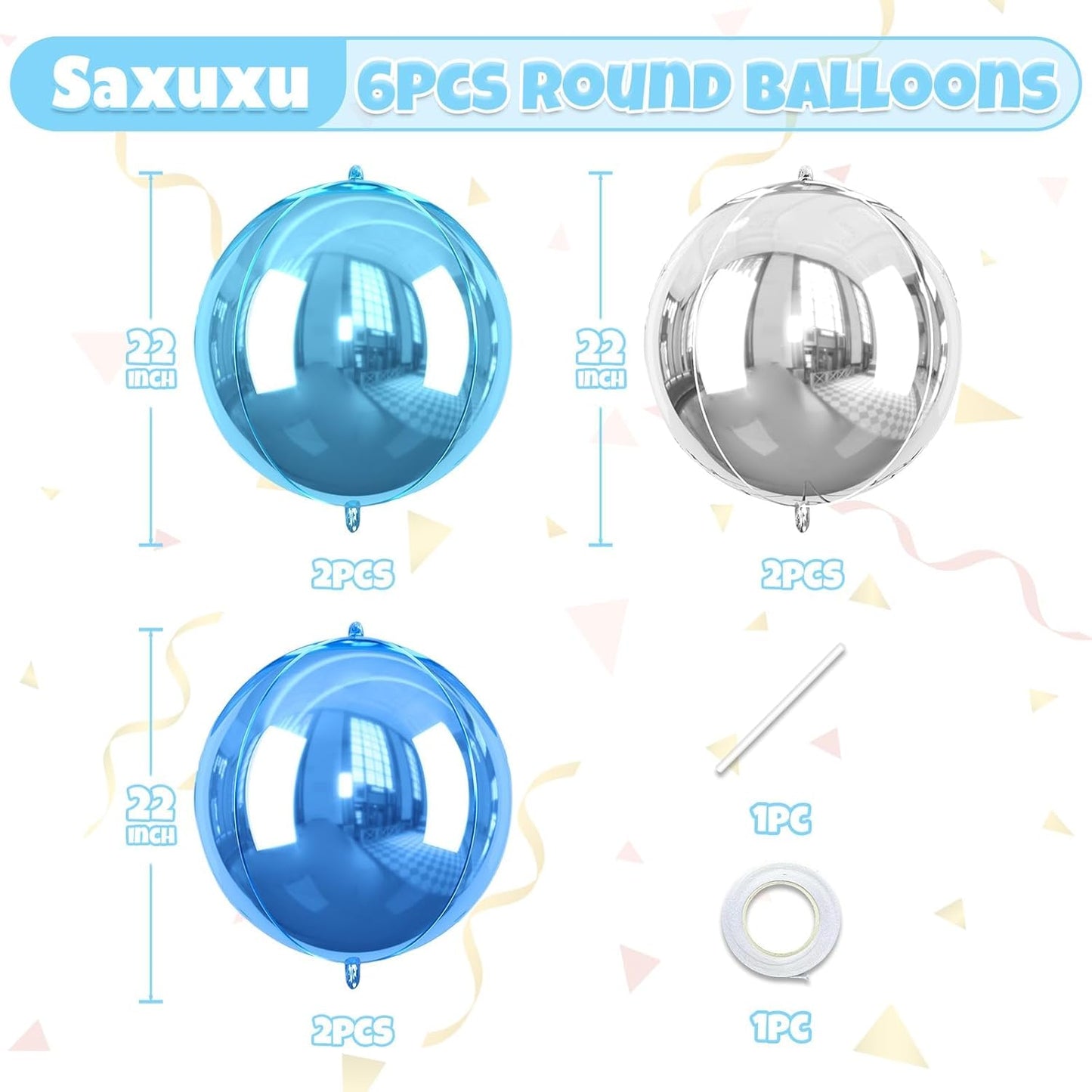 Giant 4D Foil Balloons, 6Pcs Large Metallic Light Blue Royal Silver Round Balloons, 22 Inch Big Round Foil Balloon for Red Birthday Party Baby Shower Wedding Decorations