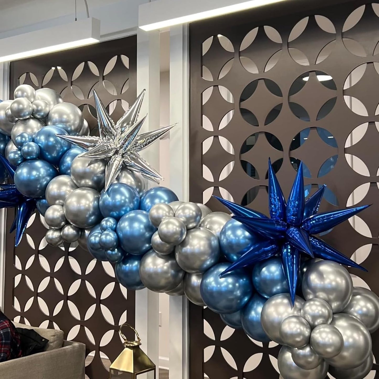 Blue Silver Star Balloons 12pcs, 27/22 Inch Foil Star Explosion Balloons, Large Spike Mylar Cone Balloon, Fireworks Shape Balloon for Men Boys Birthday Space Theme Party Backdrop