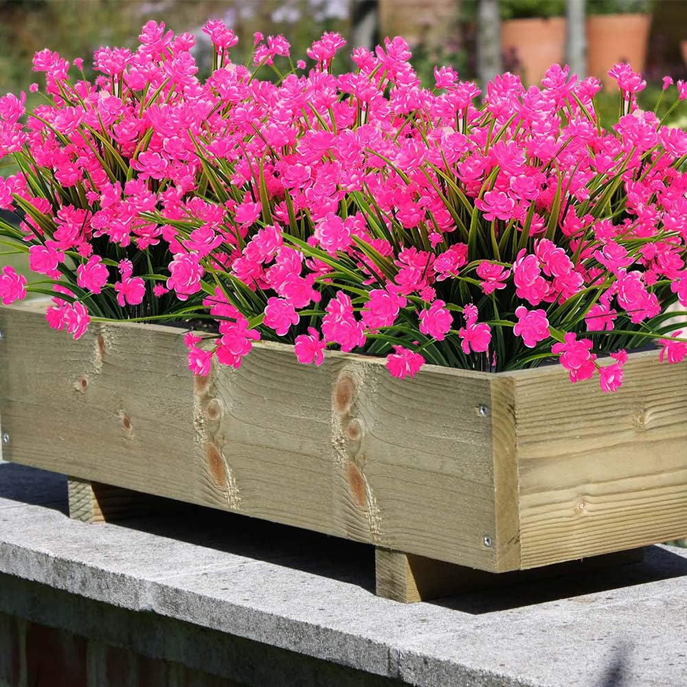 Artificial Flowers Outdoor UV Resistant Fake Plants Indoor Outside Hanging Planter Home Garden Decor, 10 Bundles (Pink)
