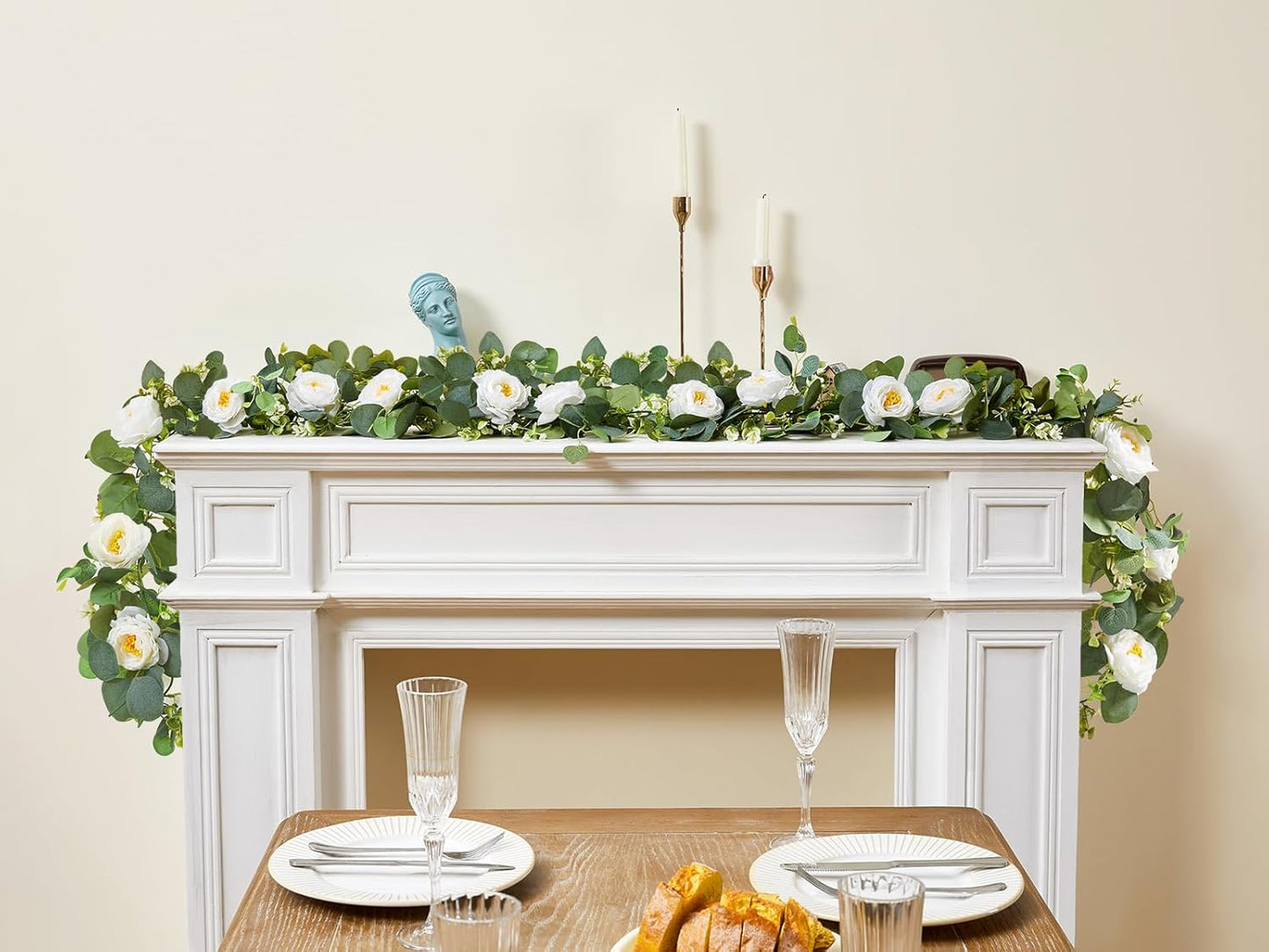 2 Pack 12Ft Artificial Eucalyptus Flower Garland with White Roses, Fake Flowers Greenery Garland Flower Vines for Wedding Party Mantle Table Runner Spring Summer Home Decor (2PCS,White