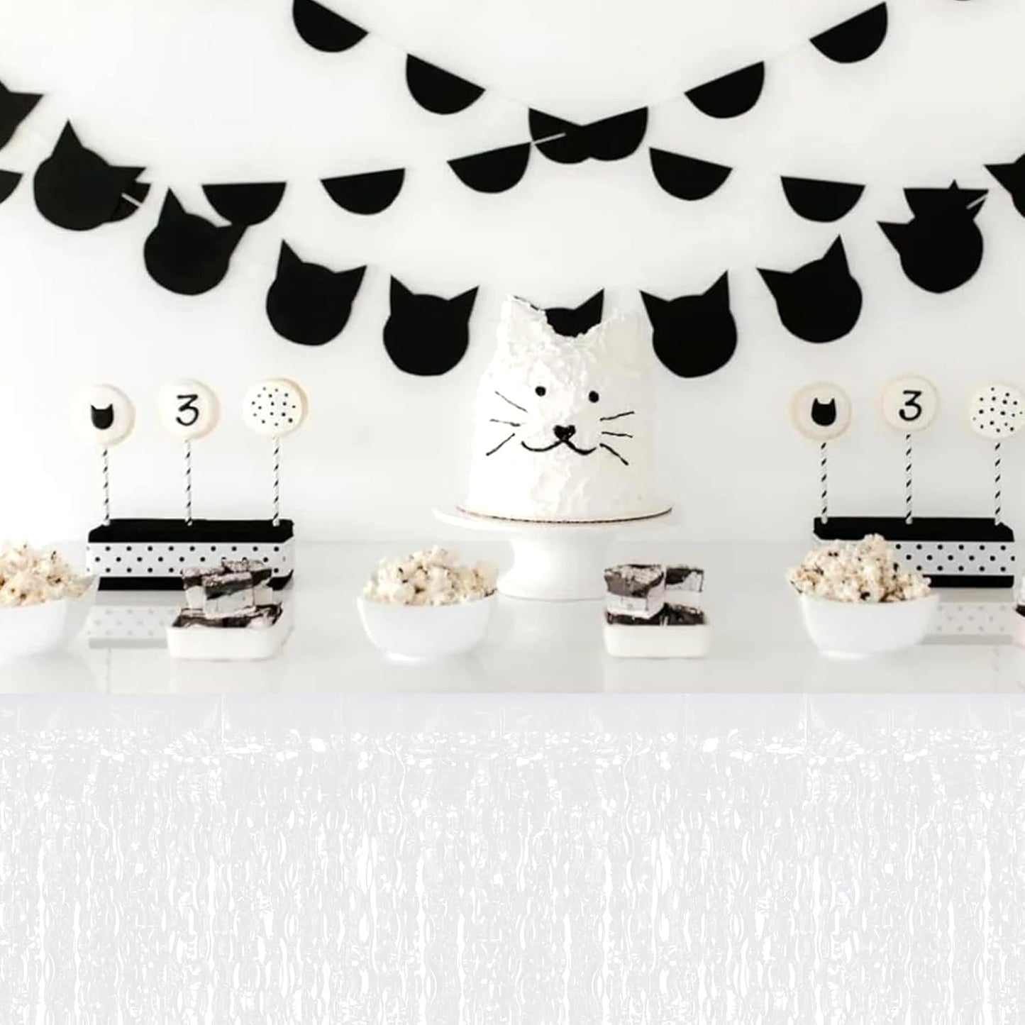 4P Wavy Metallic Tinsel Foil Fringe Table Skirts for Rectangle Tables Backdrop Garland Curtains for Parade Floats Wedding Birthday Parties Decoration Graduation 2025 Christmas (Makaron White)