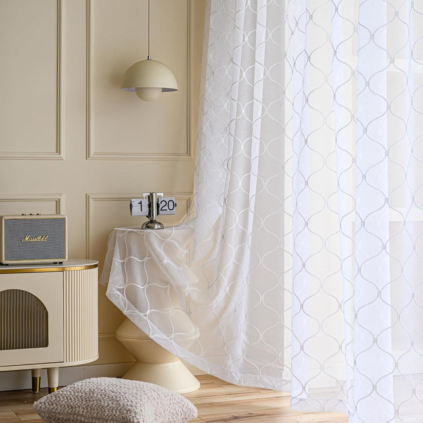 Embroidered Wave Diamond Sheer Curtains White 95 Inches, Window Treatments Rod Pocket Drapes for Living room, Bedroom, Semi Voile Curtain Panels for Yard, Patio, Villa, Parlor, Set of 2, 52"x95".