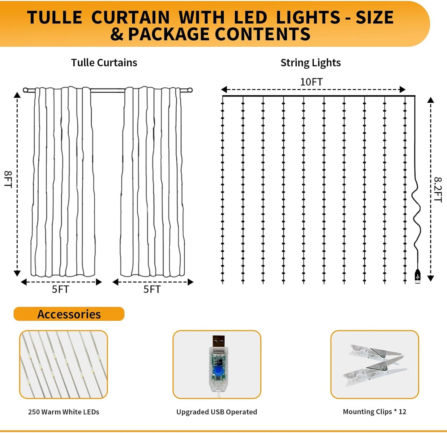 White Tulle Backdrop Curtain with Lights String - 10x8ft Sheer Backdrop with 250 LEDs for Wedding, Baby Shower, Bridal Shower, Birthday Party Photo Shoot Background and Home Decorations