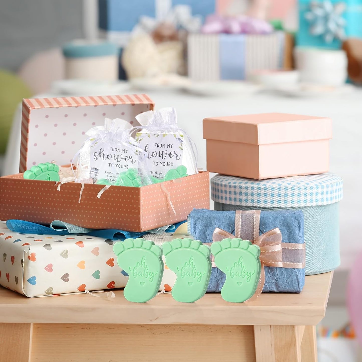 50 Sets Baby Shower Soap Favors for Guests - Mini Handmade Footprint Scented Soap with Thank You Cards and Organza Bag, Party Gifts for Gender Reveal Baptism Shower(Light Green)
