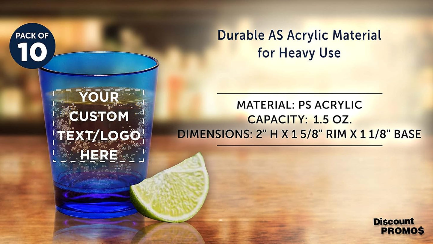Custom Translucent Plastic Shot Glasses 1.5 oz. Set of 10, Personalized Bulk Pack - Acrylic, Great for Wedding, Party, Birthday, Gifts - Blue