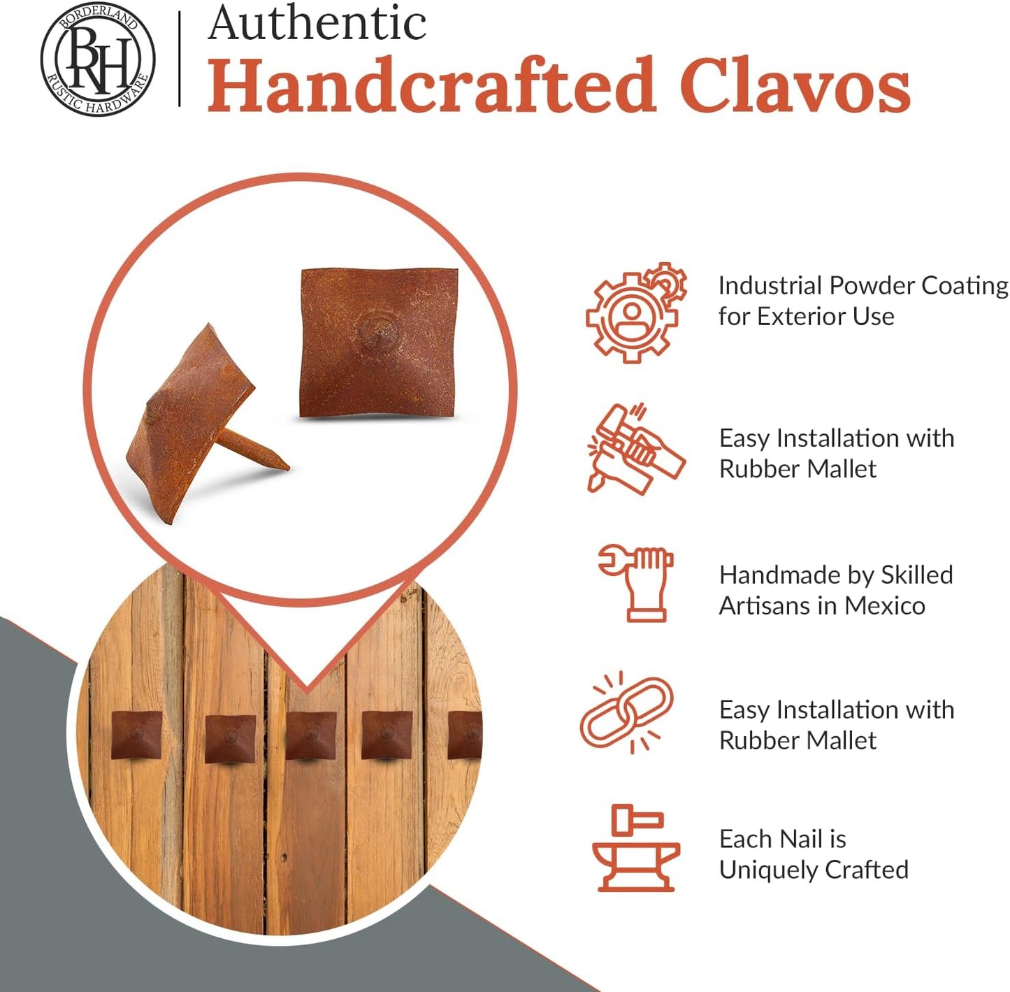 50 Pack 1" Square Head Iron Clavos Decorative Nails – Rusted – Handmade Rustic Square Fasteners for Farmhouse Shutters, Faux Wood Beams, Barn Doors, Shutters, and Gates – Ornamental Wood Accent