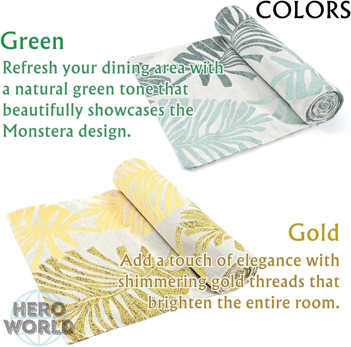 Monstera Leaf Table Runner – Elegant Fabric Table Centerpiece, Machine Washable, Gold or Green, 71"/83"/94" Length, 13" Width (Green/71)