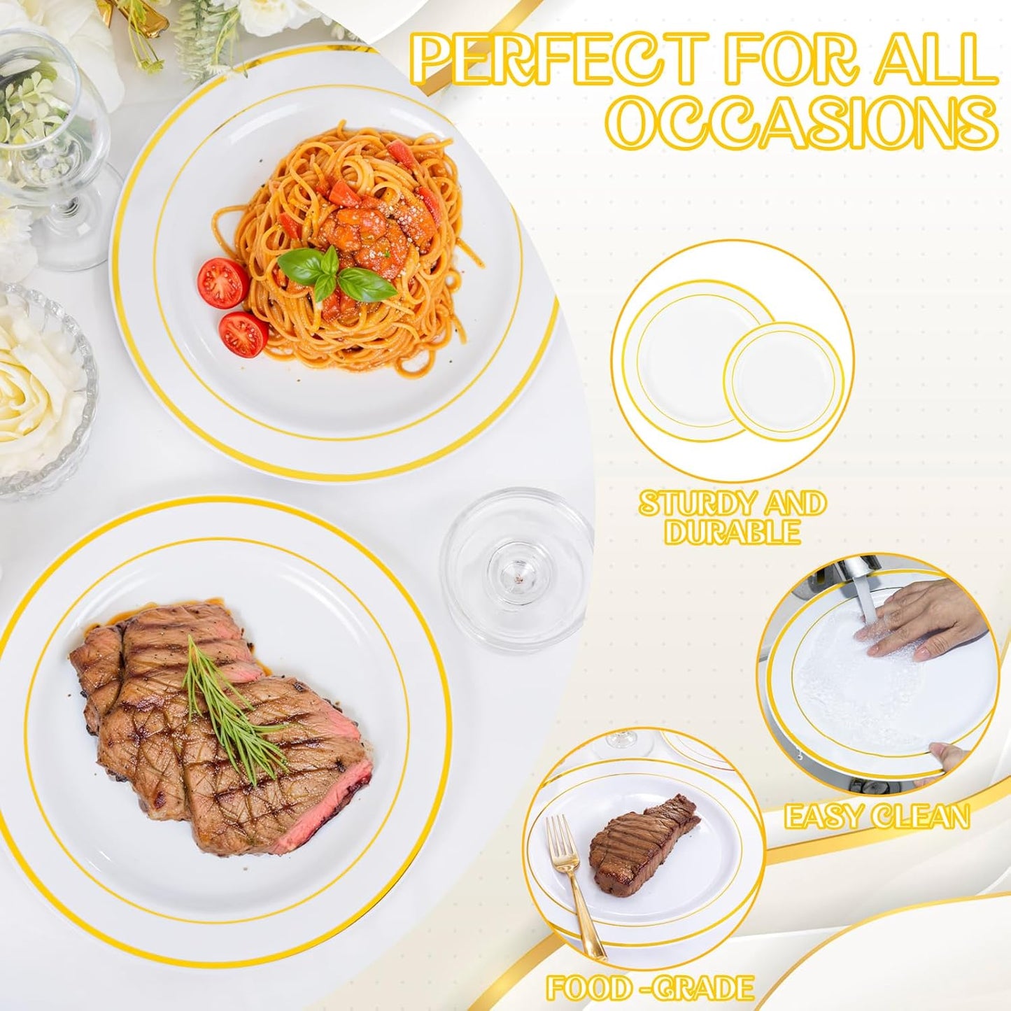 350 Pieces White and Gold Plastic Plates - 50 Guest Thanksgiving Dinnerware Set Include 100 Plates, 50 Plastic Silverware, 50 Napkins and 50 Cups for Thanksgiving