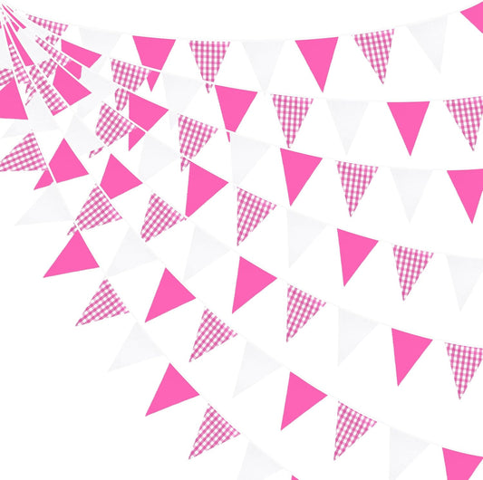 32Ft Hot Pink Party Decorations Pink Buffalo Plaid Checkered White Triangle Flag Gingham Pennant Fabric Garland Streamers for Wedding Birthday Baby Shower Anniversary Party Picnic Garden Decor
