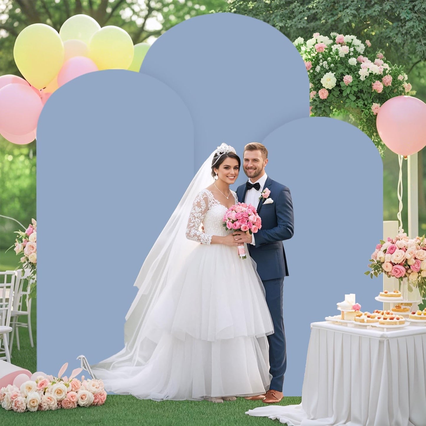 FOTSHARER Metal Arch Backdrop Stand and Cover Set 7.2FT 6.6FT 6FT Backdrop Arch Stand with Dusty Blue Wedding Arched Cover Set of 3 Background Arch Stand for Baby Shower Bridal Shower Event Decor