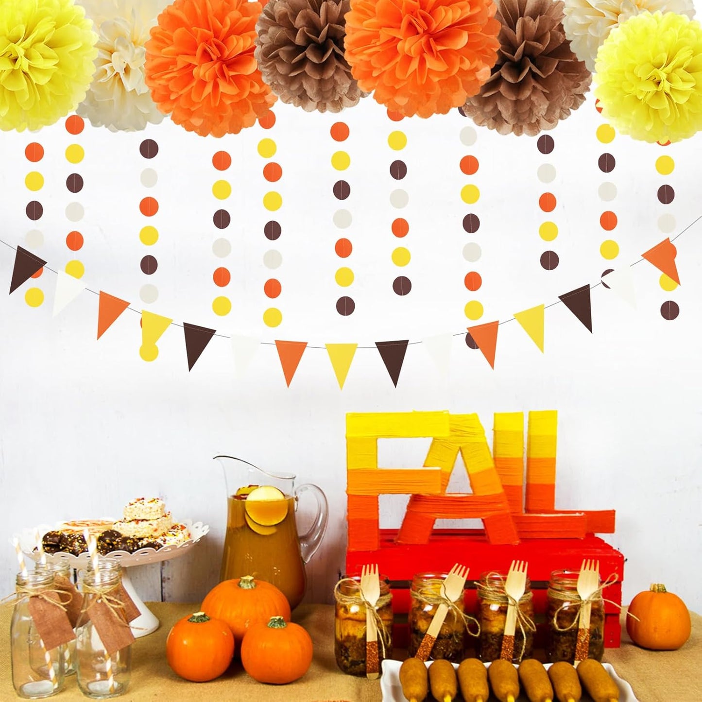Brown-Orange Yellow Baby-Shower Party Decorations - 30pcs Fall Autumn Harvest Thanksgiving Tissue Pom Poms Streamers, Birthday Bridal Wedding Bachelorette Tassel Garland Banner Decor Ouruola