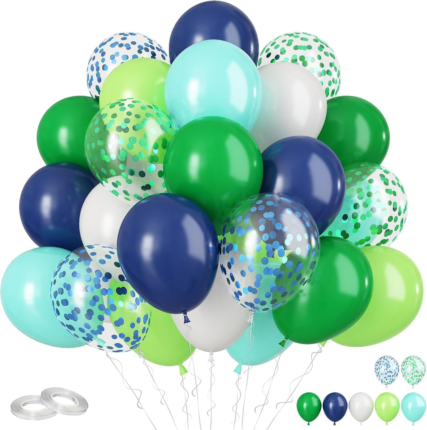 60Pcs Blue and Green Balloons, 12 Inch Navy Blue Fruit Green Confetti Balloons Teal Blue White Latex Balloon for Kids Birthday Baby Shower Jungle Dinosaur Theme Party Decorations