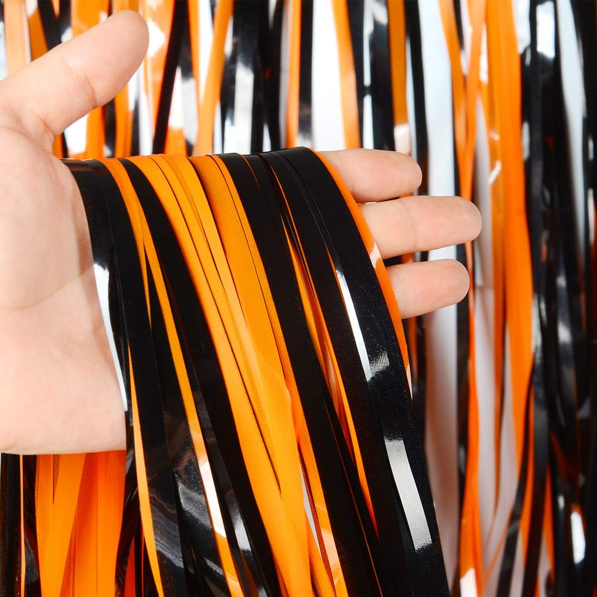 Melsan 2 Pack 3.2 ft x 8.2 ft Tinsel Foil Fringe Curtains Backdrop, Metallic Foil Curtains for Halloween Party Photo Booth Props Decorations (Black+Orange)