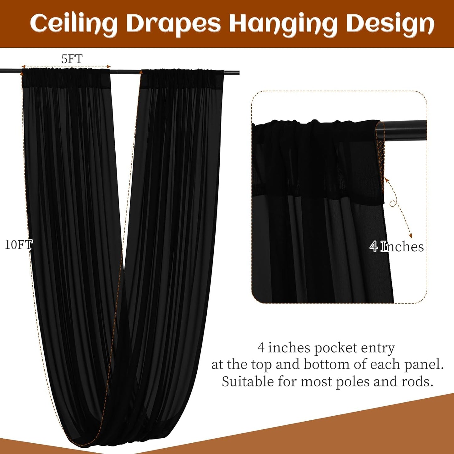 6 Panels Black Ceiling Drapes 5ftx10ft Wedding Chiffon Fabric Arch Draping Sheer Curtains Soft Drapery for Party Ceremony Stage Swag Decorations