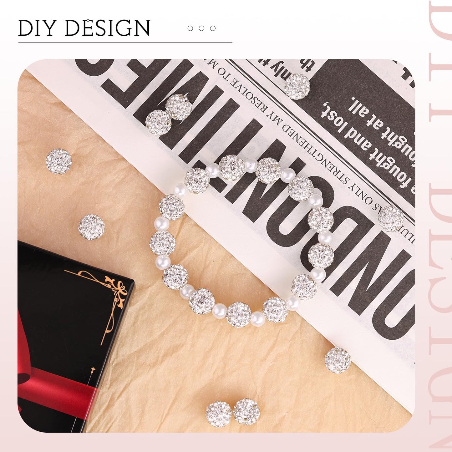 150 pcs 10mm Rhinestone Beads for Jewelry Making, White Shiny Round Shamballa Disco Beads Bulk, Sparkle Crystal Clay Christmas for Bracelet Baseball Necklace Earring Crafting and DIY